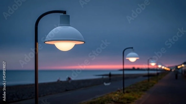 Fototapeta Coastal path at twilight, illuminated by a row of softly glowing, white-shaded lampposts against a dusky sky and calm sea
