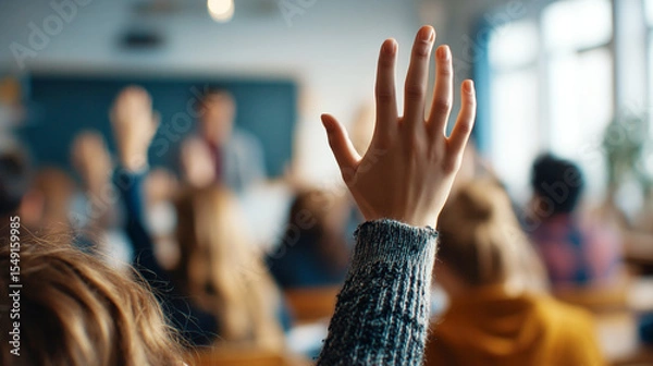 Fototapeta Student raising hand in classroom during lesson, close-up of hands on school desk, blurred background, back-to-school concept, education, participation, realistic cinematic photo