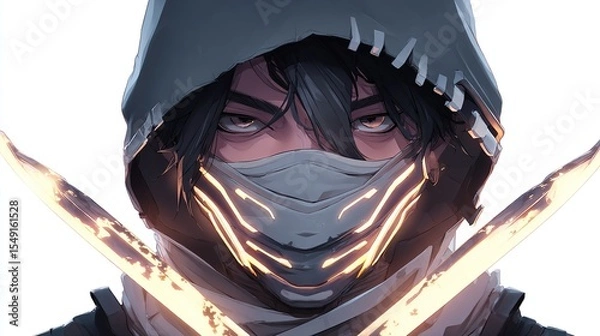 Fototapeta Close-up of a hooded figure with a glowing mask and swords