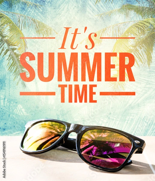 Obraz It's summer time banner with design sunglasses over tropical background, summer season poster background idea