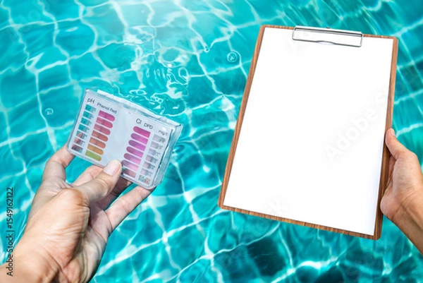 Obraz Water testing test kit in dipping in clear swimming pool water with blank report paper on wooden clipboard, quality water tester