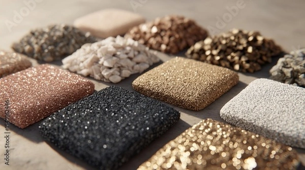 Fototapeta Variety of textured, square samples of different colored gravel and glittering materials