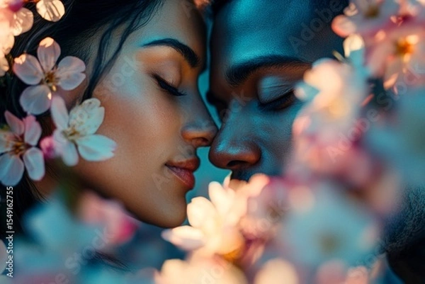 Obraz Spring mood creative: stunning mixed-race young woman and man inhaling the aromatic of cherry blossoms. Dark night and warm mystic light - complementary lighting. Couple in springtime bloom.