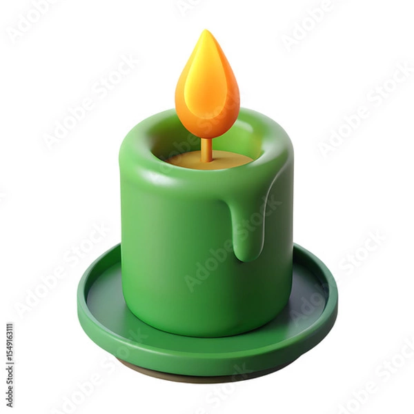 Fototapeta Green Burning Wax Candle With Flame 3D Rendering