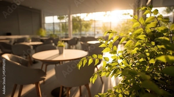 Fototapeta Sunlight streams into a modern cafe with light gray furniture and greenery