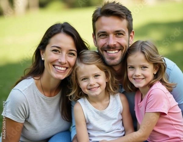 Fototapeta A joyful family gathers in a sunny park, with the parents happily embracing their two daughters. They share laughter, smiles, and a moment of togetherness in natures beauty Generative AI