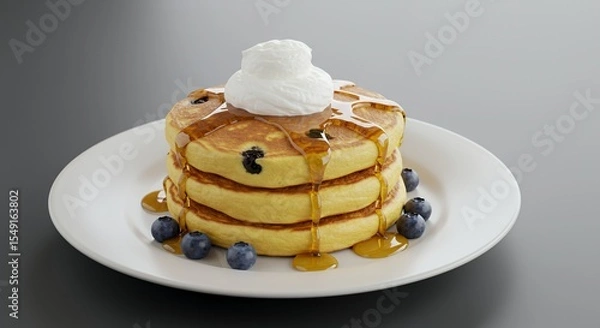 Fototapeta Indulge in the fluffy perfection of a three-stack blueberry pancake breakfast, drizzled with golden syrup and topped with a dollop of creamy whipped cream.