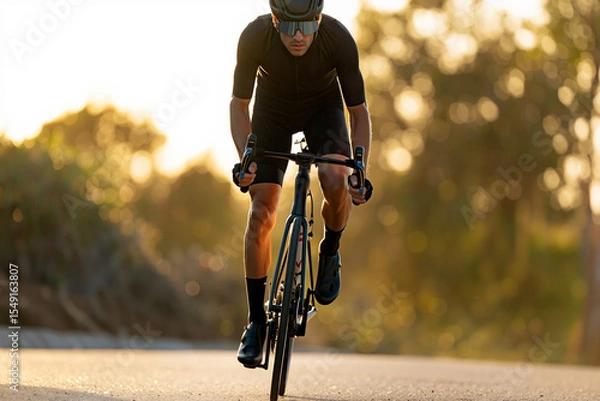 Obraz A cyclist speeds along a smooth road, enjoying a golden hour ride. Summer activity concept. Generative AI.