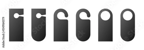 Obraz Door hanger blank mockup signs black collection. Isolated handle service hanging door on white background. Set of empty marketing travel tags. Vector illustration.