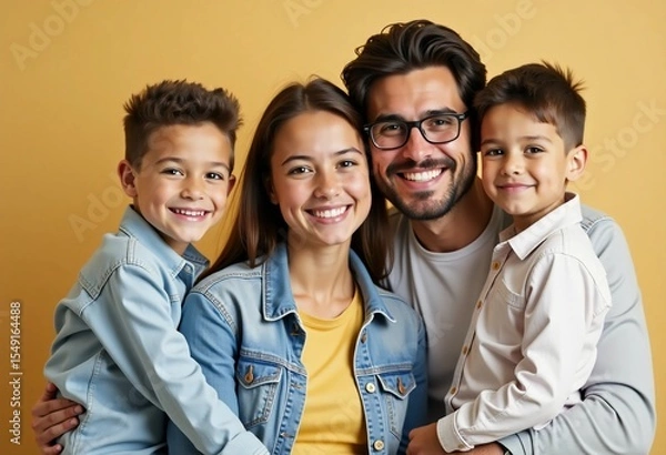 Fototapeta A cheerful family of four stands together, sharing smiles and hugs. The mom, dad, son, and daughter express happiness in a cozy home setting, showcasing their close bond and joy Generative AI