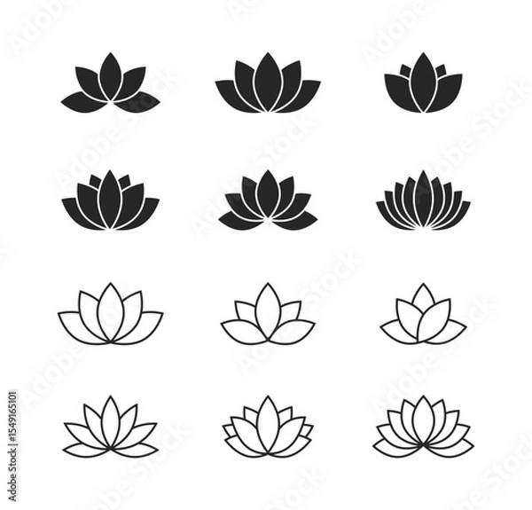 Fototapeta Lotus Floral Glyph And Line Style Icon Collection On White Background. Decorative Flower Set Vector Illustration