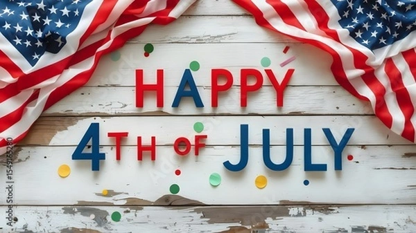 Fototapeta Happy 4th of July! Patriotic Celebration, flag on wooden table, Happy independence day.