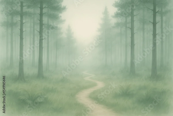 Fototapeta Misty forest with winding trail surrounded by tall pine trees representing solitude mystery and peaceful nature in a foggy woodland setting