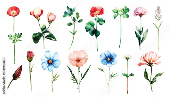Fototapeta Wild Field flowers Watercolor illustration Botanical collection of garden plants. Set different wild flowers, branches, herbs and leaves for bouquets and other natural elements for cards and invintati