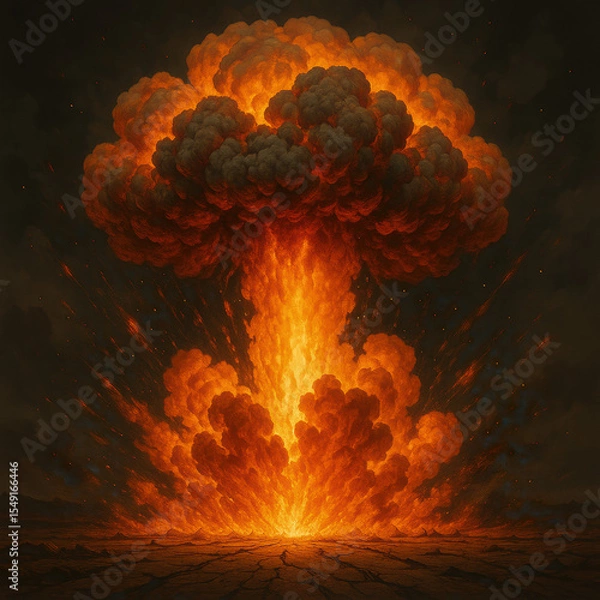 Fototapeta Fiery explosion with towering mushroom cloud rising over cracked ground representing nuclear detonation extreme destruction and apocalyptic force