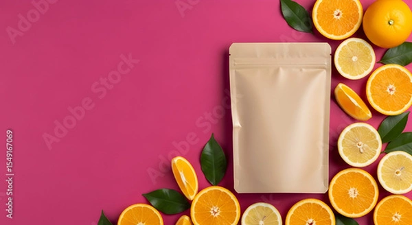 Fototapeta Fresh Citrus Fruits and Empty Bag on Bright Pink Background for Healthy Snacks or Juices