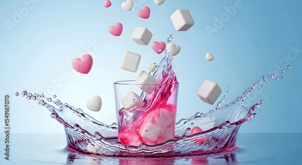 Fototapeta Creative Splash of Water with Floating Hearts and Cubes for Love and Celebration