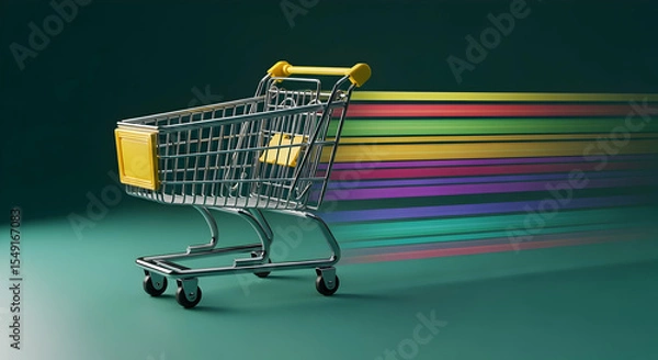 Fototapeta Colorful Shopping Cart with Vibrant Rainbow Motion Effect on Dark Green Background