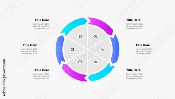 Fototapeta Circular infographic with 6 arrows and central icons, ideal for professional presentations, data visualization, and business strategies, enhancing clarity and effective communication.