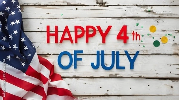 Fototapeta Happy 4th of July! Patriotic Celebration, flag on wooden table, Happy independence day.
