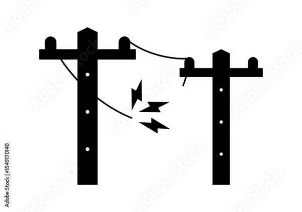 Fototapeta Black broken electric wire of high power voltage pole is damaged and short circuit spark cause danger electrocution risk icon flat vector design