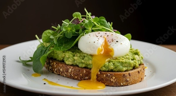 Fototapeta Indulge in this vibrant avocado toast topped with a perfectly poached egg, drizzled with golden yolk, and garnished with fresh microgreens and spinach for a delightful culinary experience.