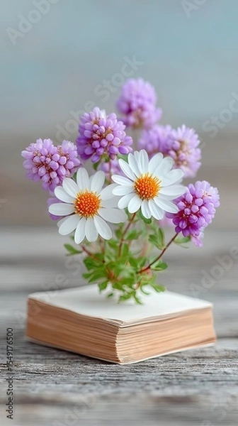 Obraz Delicate White and Purple Flower Arrangement on Rustic Book