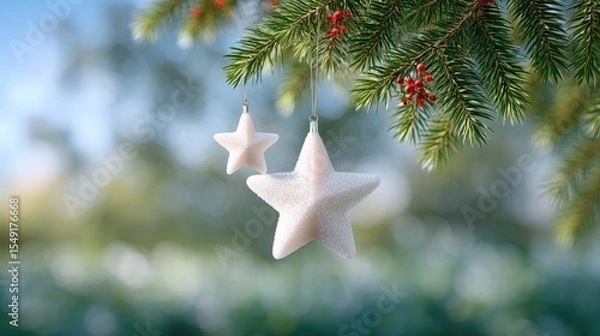 Obraz Delicate White Pearl Star Ornaments Hanging on a Christmas Tree Branch