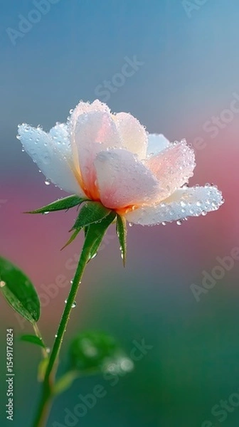 Obraz Delicate White Tea Rose with Dew Drops