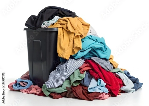 Fototapeta Pile of dirty laundry overflowing from a black bin on a white background showcasing various colors and fabrics with a cluttered appearance
