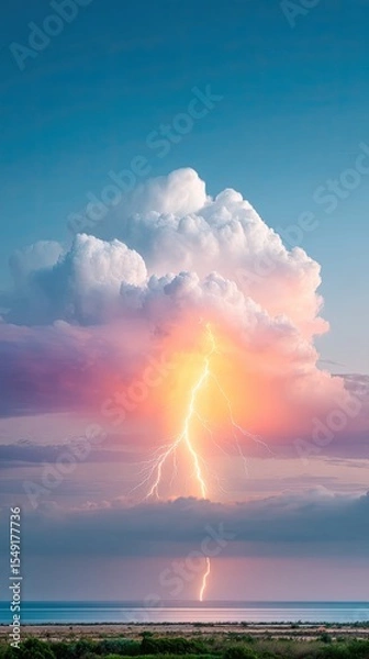 Obraz Dramatic Lightning Storm Over Ocean at Sunset