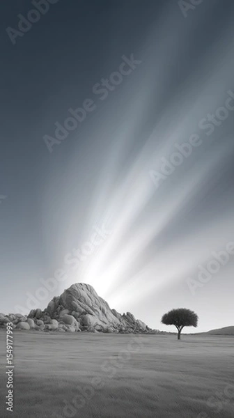 Obraz Dramatic Monochrome Landscape with Light Streaks and Solitary Tree