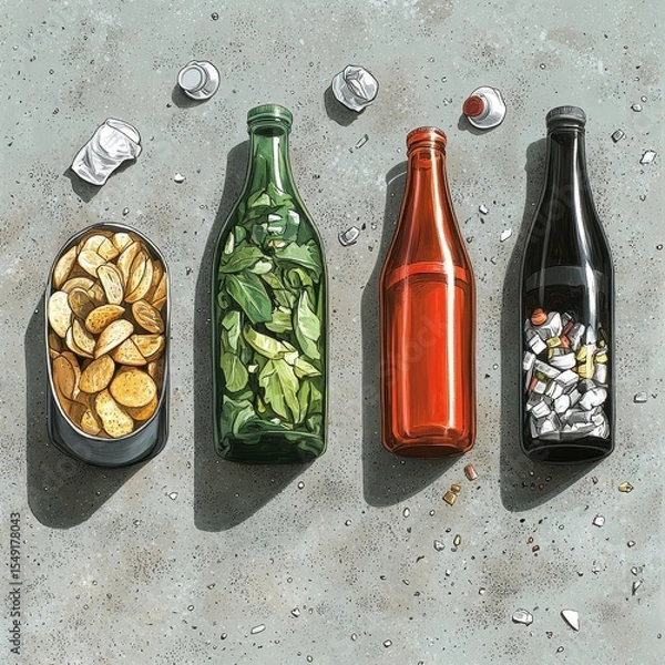 Fototapeta Colorful Bottles and Food Waste on Concrete Surface Background