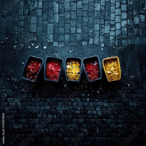 Fototapeta Colorful Fragments in Containers on Dark Cobblestone Surface