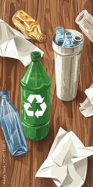 Fototapeta Colorful Bottles and Crumpled Paper on Wooden Table Background