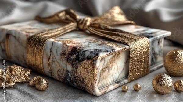 Obraz Elegant Marble Gift Box with Gold Ribbon and Ornaments
