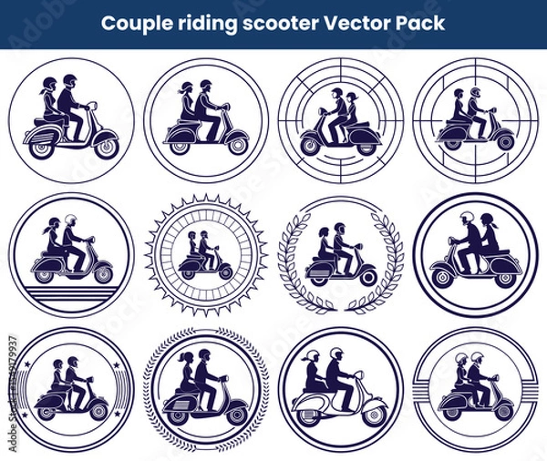 Obraz Silhouette Set Couple on Vintage Scooter with Different Decorative Circle Frame Designs