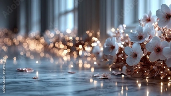 Obraz Elegant White Flowers with Soft Bokeh Lights on Marble