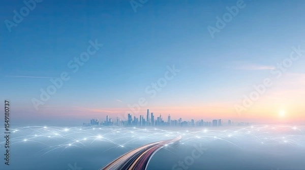 Obraz Elevated View of City Skyline at Sunset with Illuminated Highway