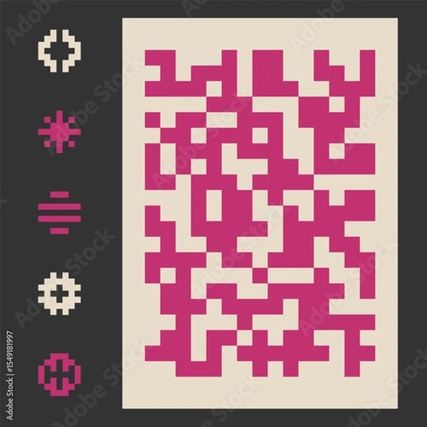 Fototapeta Pixel mosaic background and round pixelated graphic elements. Random square spots backdrop. Vector illustration