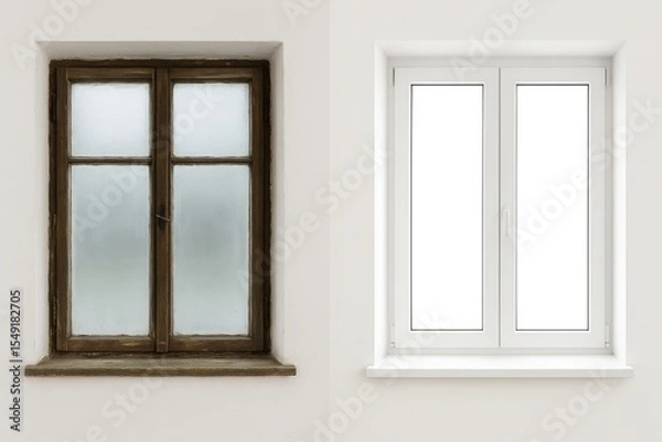 Fototapeta Side-by-side comparison showing window renovation from aged, wooden-framed glass to sleek, energy-efficient white uPVC frame.