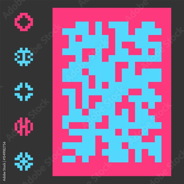 Fototapeta Pixel mosaic background and pixelated circular objects. Cyberpunk style, brutalist symbols. Random square spots backdrop. Vector illustration