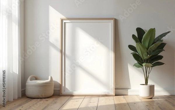 Fototapeta Frame mockup, ISO A paper size. Living room wall poster mockup. Interior mockup with house background. Modern interior design. 3D render. High quality