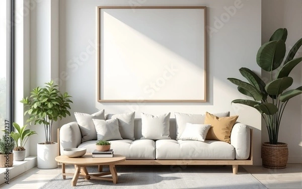 Fototapeta Frame mockup, ISO A paper size. Living room wall poster mockup. Interior mockup with house background. Modern interior design. 3D render. High quality