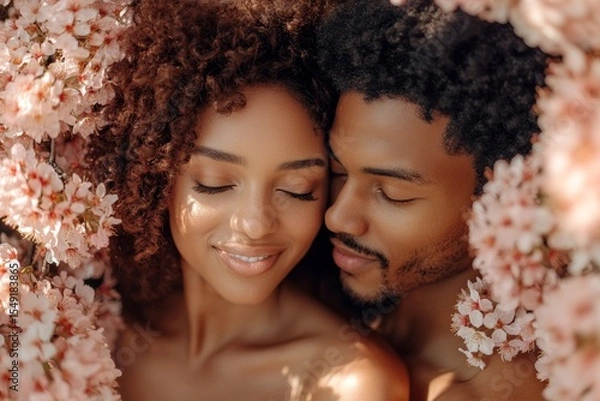 Obraz Dawn light and fog. Spring mood conceptual art: stunning black midlife woman and man inhaling the fragrance of cherry blossoms. Romantic couple in spring flowers. Couple inhaling spring aroma.