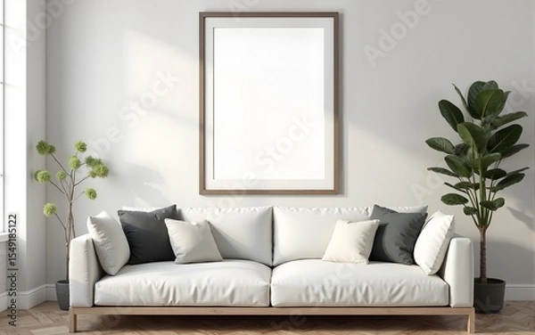 Fototapeta Frame mockup, ISO A paper size. Living room wall poster mockup. Interior mockup with house background. Modern interior design. 3D render. High quality
