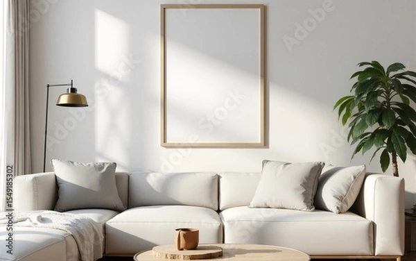 Fototapeta Frame mockup, ISO A paper size. Living room wall poster mockup. Interior mockup with house background. Modern interior design. 3D render. High quality