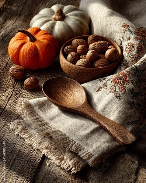 Obraz A cozy autumn scene featuring pumpkins and nuts on a rustic table.