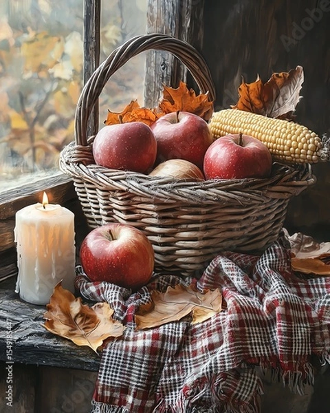 Obraz A rustic basket filled with fresh apples and autumn leaves.