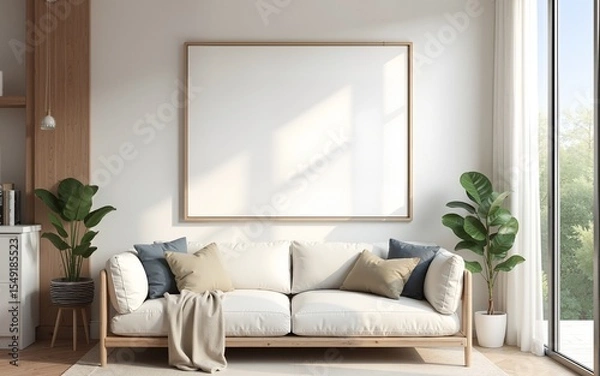 Fototapeta Frame mockup, ISO A paper size. Living room wall poster mockup. Interior mockup with house background. Modern interior design. 3D render. High quality